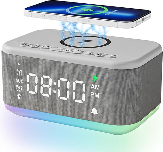 Alarm Clock Speaker Wireless Charger, Digital Alarm Clocks Bedrooms Bluetooth, Alarm Clock Dimmable Light Bedrooms Dual Alarm Snooze Dimmer 12 24H RGB Night Light Bluetooth USB AUX, Gray-CubbioJoy