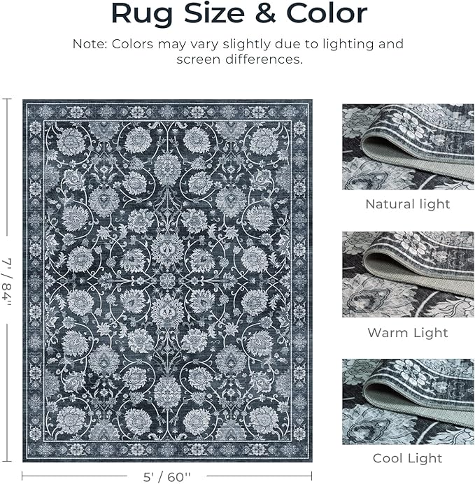 Area Rug 5x7 for Living Room & Bedroom, Large Washable Rugs, Soft & Non Slip, Vintage Carpet, Low Pile Wool Carpets for Indoor Under Table Dining Home Office Nursery Playroom, Black-CubbioJoy