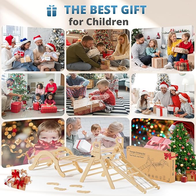 BlueWood 10-in-1 Pikler Triangle Set, Toddler Climbing Toys Indoor, Montessori Climber, Baby Jungle Gyms with Arch, Extra Rope Ladder & Footprint Balance Beam - Natural Rustic-CubbioJoy