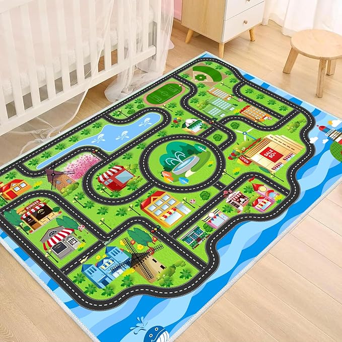 Car Rug,Kids Play Rug with Roads,Playroom Toy Car Rug, Car Track Rug City Map for Bedroom Classroom - (59X39.4 Inches)-CubbioJoy