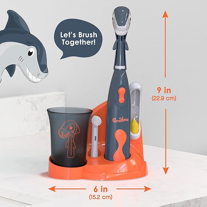 Brusheez Kids’ Electric Toothbrush Set - Safe & Effective for Ages 3+ - Parent Tested & Approved with Gentle Bristles, 2 Brush Heads, Rinse Cup, 2-Minute Timer, & Storage Base (Shadow The Shark)-CubbioJoy
