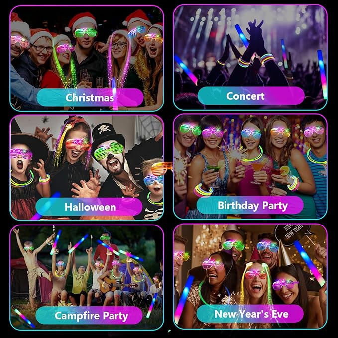 148 PCS Glow in the Dark Party Supplies, 16PCS Foam Glow Sticks, 16PCS LED Glasses,100PCS Glow Sticks Bracelets and 16Pcs LED Hair Clips Fiber Optic for Glow Party, Wedding, Halloween Party-CubbioJoy