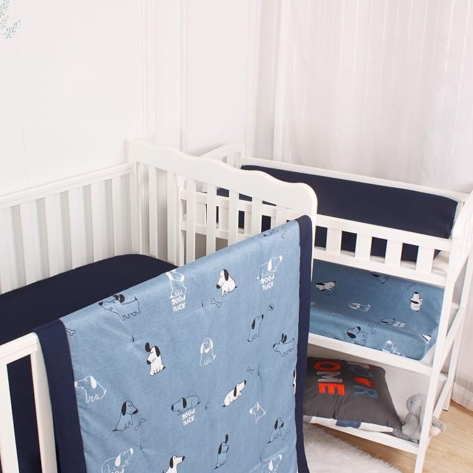 CaSaJa 4-Piece Crib Bedding Set for Boys and Girls, Nursery Baby Bedding Set Including Quilted Comforter with Fitted Crib Sheet and Changing Pad Covers, Reversible Quilt Design, Good Luck Puppy-CubbioJoy