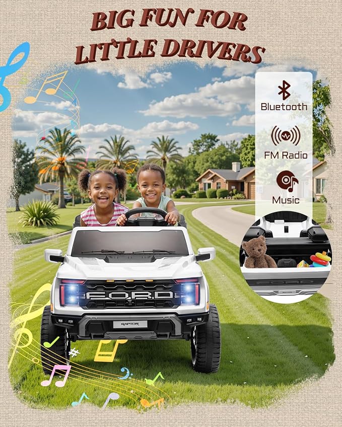 24V Kids Ride On Truck, Licensed Ford F-150 Raptor 2 Seater Electric Car w/Remote Control, Toddler Ride On Car Toys w/LED Lights, Bluetooth, Music, Truck Bed Storage, Soft Start (White)-CubbioJoy
