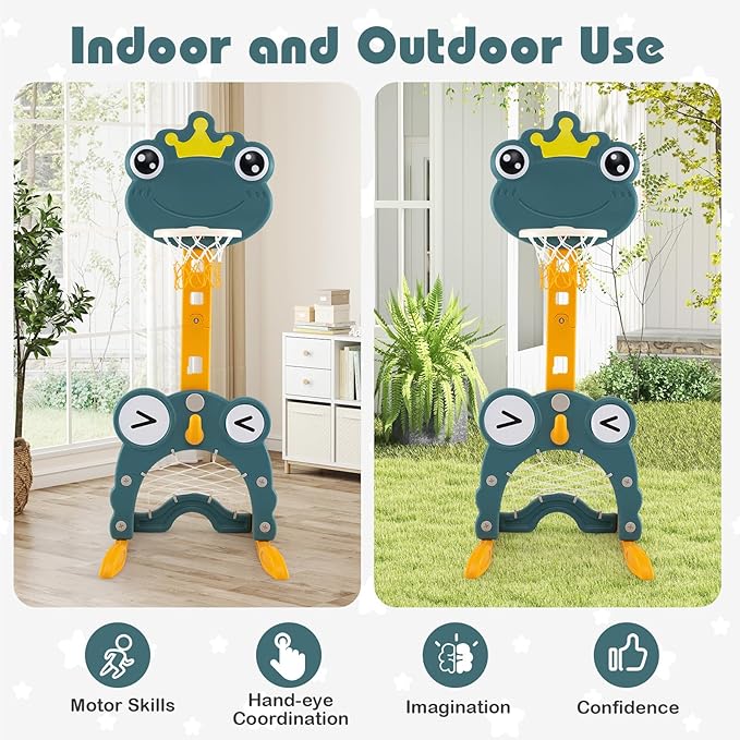 Costzon Toddler Basketball Hoop, 4-in-1 Kids Sports Activity Center with Rim, Soccer Goal, Golf, Ring Toss, Height Adjustable Kids Basketball Hoop with Fillable Base for Indoor Outdoor (Green Frog)-CubbioJoy