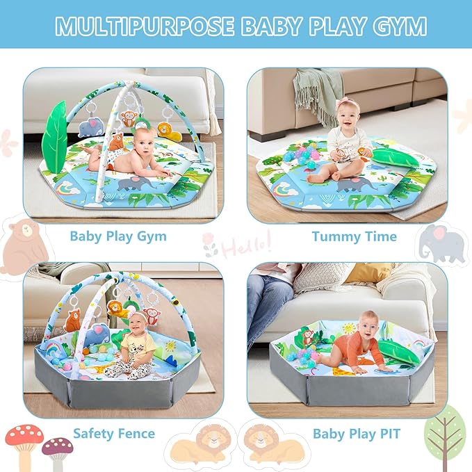 Baby Gym Play Mat, 8-in-1 Tummy Time Mat & Activity Gym Mat Ball Pit with Detachable Toys, Washable Infant Play Mat for Visual, Hearing, Sensory, Motor Development, Newborn Baby Toys Gift for Toddler 0-3-6-9-12 Months Easy to Install-CubbioJoy