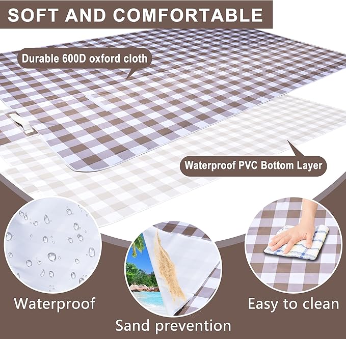 80"x80" Extra Large Waterproof Outdoor Mat - Sandproof Foldable Picnic Blanket for Family Camping, Backyard, Beach Parties - Heavy Duty & Easy Storage (Dark Brown)-CubbioJoy