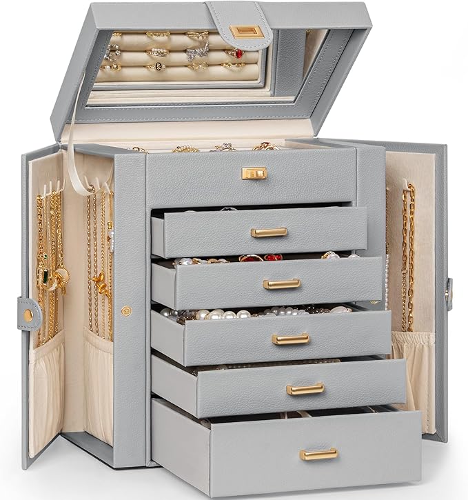 AKOZLIN 6-Tier Jewelry Box Organizer Functional 5 Drawers Leather Jewelry Storage Case for Women Girls Ring Necklace Earring Bracelet Holder Organizer with Mirror Grey-CubbioJoy