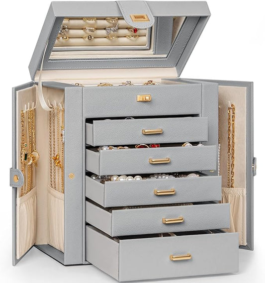 AKOZLIN 6-Tier Jewelry Box Organizer Functional 5 Drawers Leather Jewelry Storage Case for Women Girls Ring Necklace Earring Bracelet Holder Organizer with Mirror Grey-CubbioJoy