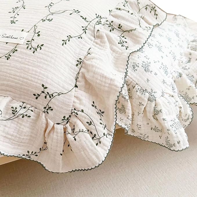 BuLuTu 100% Cotton Muslin Floral Pillowcase Standard Size Soft Breathable Gauze Cotton Kids Teens Pillow Cases 20"x26", Durable Pillow Cover, 1 Piece, Vine Pattern, Machine Wash-CubbioJoy