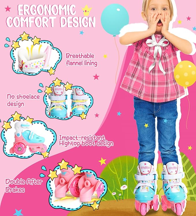 Adjustable Roller Skates for Kids Girls Ladies with Light Up Flash LED Wheels(Age 3-9),Three-Point Type Balance,Gift Box Packing for Toddlers,Children-CubbioJoy