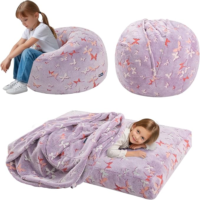 COMAX Kids Bean Bag Chair Turn into Beanbag Bed, Toddler Bean Chair for Girl Boy Sleeping, Lazy Children Bean Bags with Filler, Convertible Child Floor Mattress, Purple Butterfly-CubbioJoy