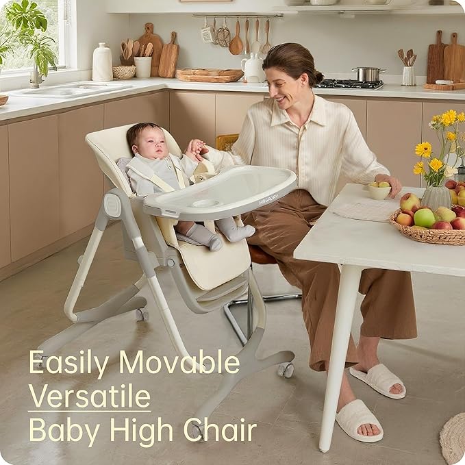 6 in 1 Convertible High Chairs for Babies and Toddlers,Portable High Chair with Dishwasher Tray and 4 Wheel,Booster Seat for Dining Table,Foldable Toddle and Baby Feeding Highchair (White)-CubbioJoy