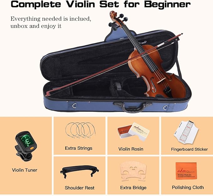 ADM 3/4 Size Wood Violin Set for Kids Teens Students Adults Beginner Acoustic Violin Matte Fiddle Starter Kit with Hard Case, Rosin, Shoulder Rest, Bow, Clip-on Tuner and Fingerboard Sticker-CubbioJoy