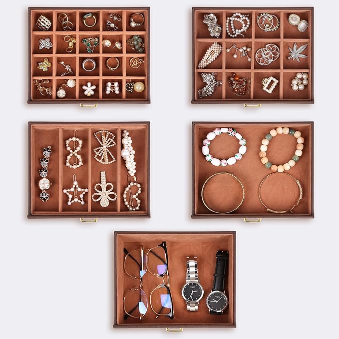 Kendal Extra Large Jewelry Box Jewelry Case PU Leather 6 Tier 5 Drawers Large Storage Capacity with Mirror Jewelry Storage Organizer Great Gift Also Good For Watches LJC-SHD5BN (Brown)-CubbioJoy