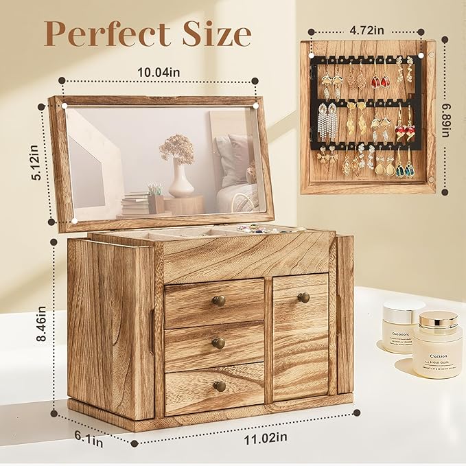Jewelry Box Organizer, Solid Wood Jewelry Boxes fow Women with Mirror, Double Layer Jewelry Organizer Box Display Earring Necklace Bracelet Ring, Rustic Style Small Jewelry Box for Girls-CubbioJoy