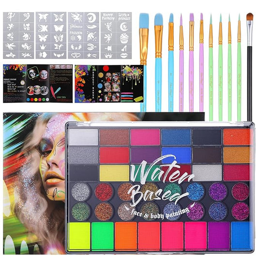 42 Color Face Painting Kit for Kids - Water Based, Non Toxic Face paint palette with Art Brushes, Stencils, Gems - For Halloween, Carnival, Costume Makeup, Parties & Cosplay-CubbioJoy