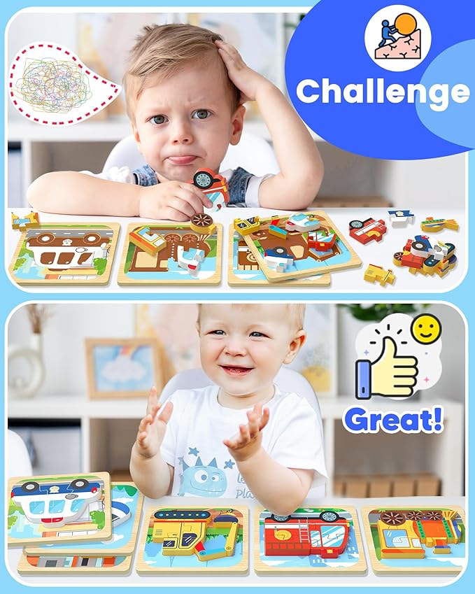 Benresive Wooden Toddler Puzzles, Montessori Toys for 1 2 3 Year Old Boys, Toys for 1 2 3 Year Old Boy Birthday Gifts, 6 Pack Vehicle Toddler Learning Educational Puzzles-CubbioJoy