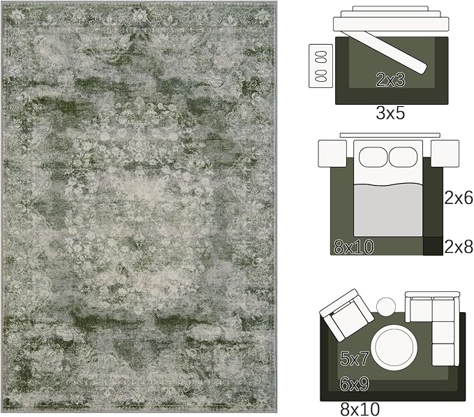 jinchan Green Floral 3x5 Area Rugs for Entryway - Machine Washable Vintage Distressed Design Low-Pile Soft Non-Shedding Carpet for Kitchen Bedside Laundry Living Room (3x5ft, Forest Green)-CubbioJoy