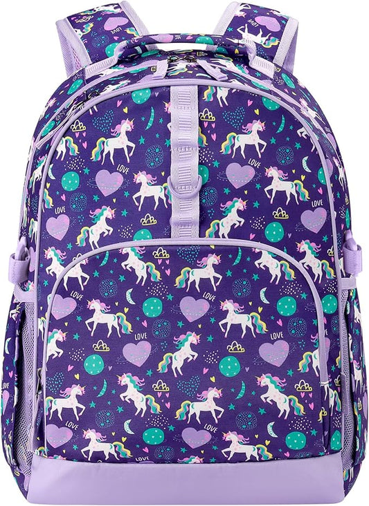 Choco Mocha Unicorn Backpack for Girls, Elementary School Backpack for Girls Ages 6-8 Kids Kindergarten Backpack Large Bookbag 18 Inch with Chest Strap, Purple-CubbioJoy