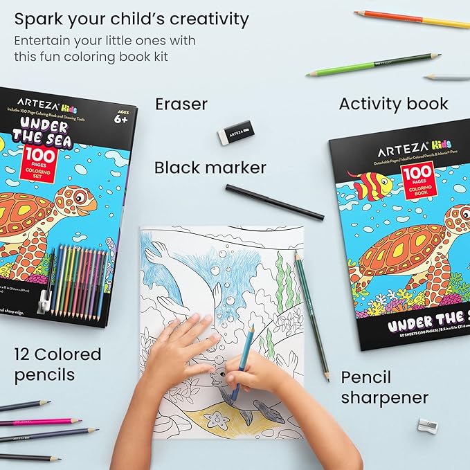 ARTEZA Kids Coloring Book and Colored Pencils Kit, 8.5x11 Inches, Sea Creature Illustrations, 50 Double-Sided Coloring Sheets, 100-lb Paper-CubbioJoy