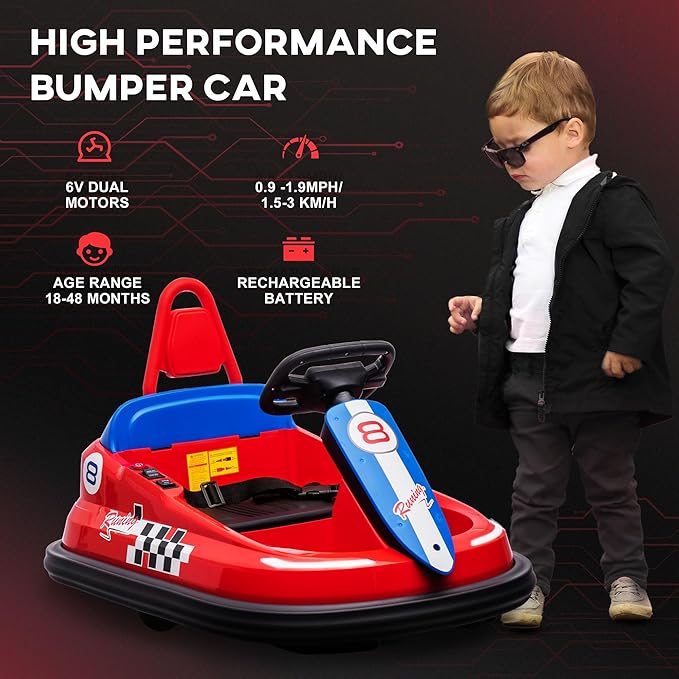 Aosom Toddler Bumper Car, 360° Rotation 6V Kids Electric Ride on Bumper Car with EVA Bumper Edges, Twins Motor, Songs, Horn, LED Lights, Safety Belt for 18-48 Months, Red-CubbioJoy