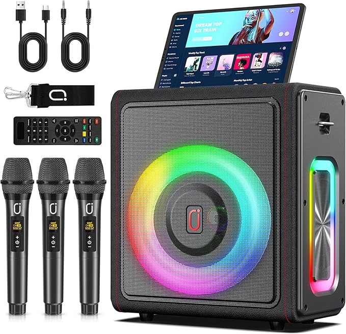 Karaoke Machine with 3 Wireless Mics | Bluetooth 5.3 Speaker with Echo Adjustment & Auto Pitch Correction | PA System with RGB Lights, Supports TV/TF Card/USB/AUX/Live/REC for Home Parties-CubbioJoy