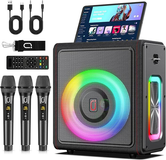 Karaoke Machine with 3 Wireless Mics | Bluetooth 5.3 Speaker with Echo Adjustment & Auto Pitch Correction | PA System with RGB Lights, Supports TV/TF Card/USB/AUX/Live/REC for Home Parties-CubbioJoy