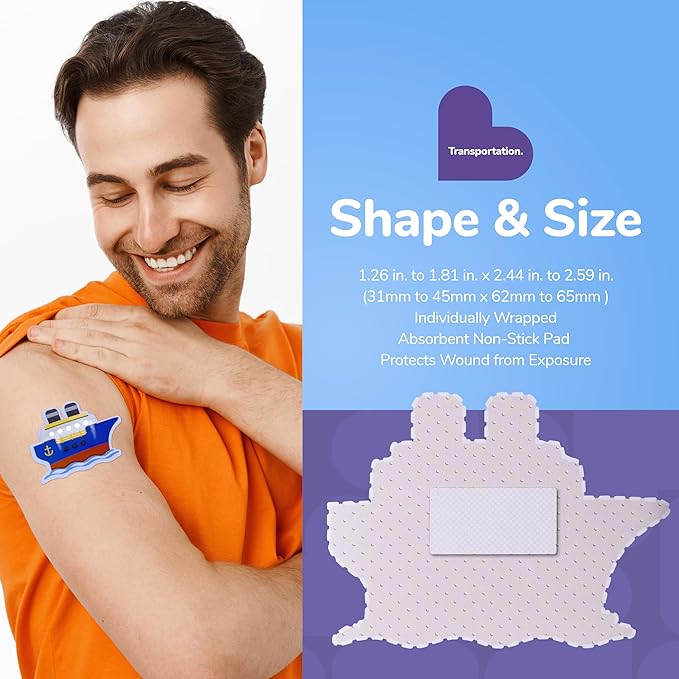 BioSwiss Bandages, Transportation Shaped Self Adhesive Bandage, Latex Free Sterile Wound Care, Fun First Aid Kit Supplies for Kids, 50 Count-CubbioJoy