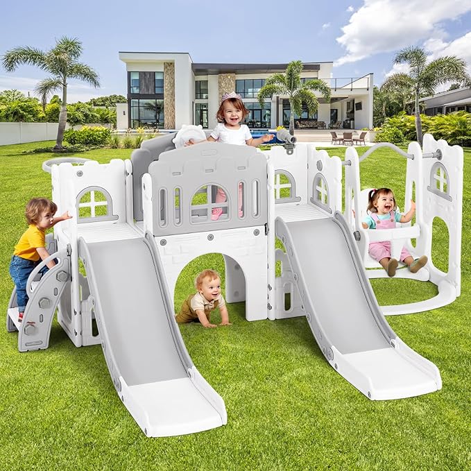JOYLDIAS 10 in 1 Toddler Slide, Double Kid Climber Slide Playset w/Swing, Basketball Hoop, Telescope, Tunnel, Storage Space and Non-Slip Steps, Indoor Outdoor Backyard Playground Toy for Toddlers-CubbioJoy