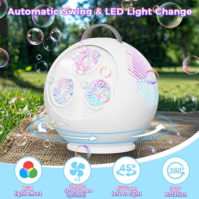 Bubble Machine Automatic Bubble Blower for Kids Toddlers Rechargeable Portable Spherical LED Bubble Maker Electric Auto Rotating 45°/360° Outdoor Toy Birthday Party Wedding (Spherical White)-CubbioJoy