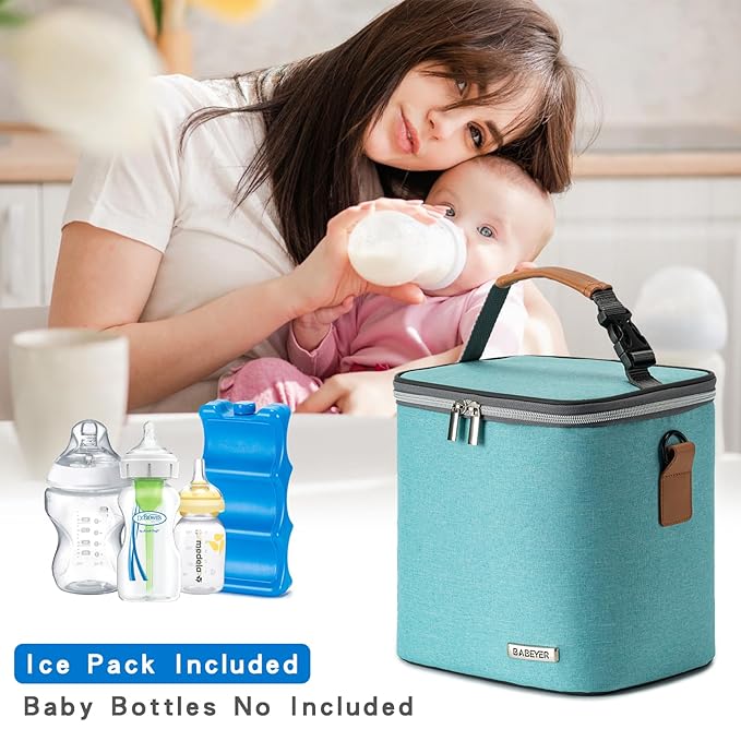 Breastmilk Cooler Bag with Ice Pack Fits 6 Baby Bottles Up to 9 Ounce, Baby Bottle Bag with Shoulder Strap for Nursing Mom Daycare, Aqua-CubbioJoy