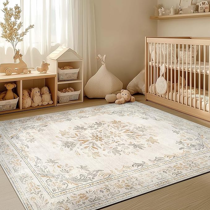 jinchan Vintage Floral 6x9 Area Rugs for Living Room - Machine Washable Distressed Design Soft Throw Rug Ultra-Thin Non-Slip Large Carpet for Bedroom Nursery Dining Room Home Office (6x9ft,Light Grey)-CubbioJoy