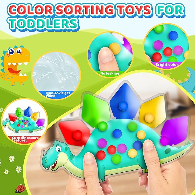4PC Dinosaur Color Sorting Sensory Toys, Montessori Toys for Toddler Fine Motor Skill Game Learning Activities Quiet Calm Down Fidgets for Classroom Stocking Stuffers for 3 4 5 Year Old Kid Travel Toy-CubbioJoy