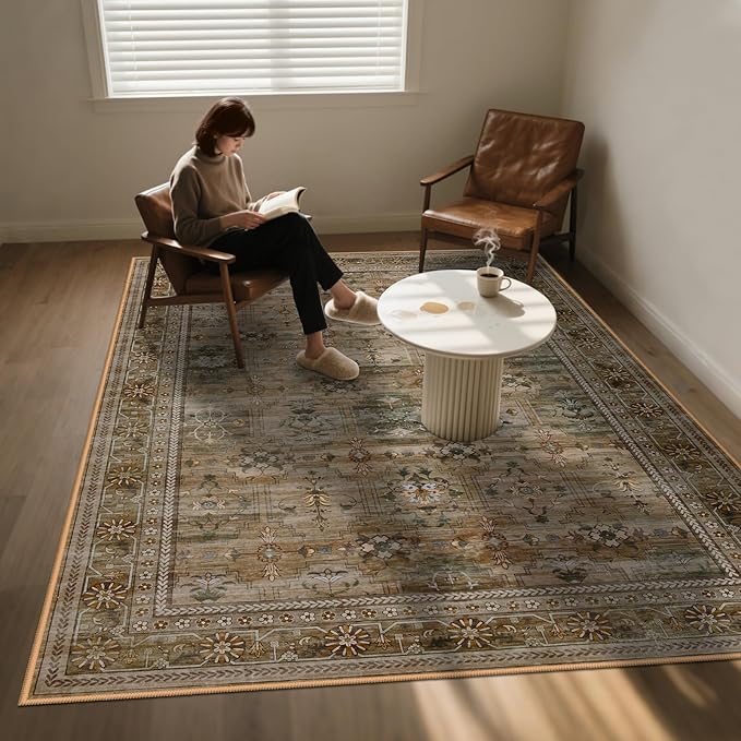8x10 Washable Area Rug for Living Room, Non Slip Vintage Floral Print Rugs No Shedding, Distressed Thin Retro Accent Carpet for Bedroom Nursery Farmhouse Dining Room Olive/Charcoal-CubbioJoy