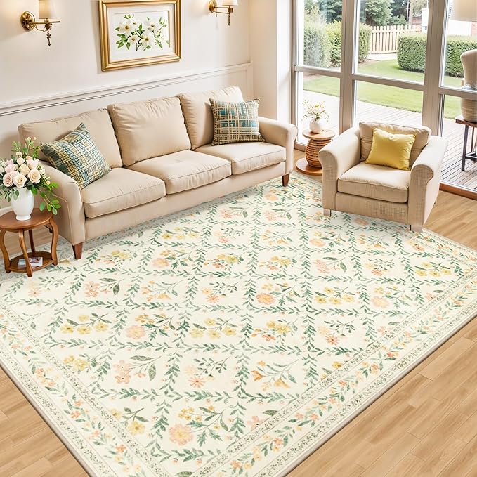6x9 Area Rugs for Living Room: Floral Washable Rug Vintage Large Soft Boho Non-Slip Carpet Indoor Stain Resistant Thin Carpets for Bedroom Dining Room Farmhouse Nursery Hallway Home Office Beige/Multi-CubbioJoy