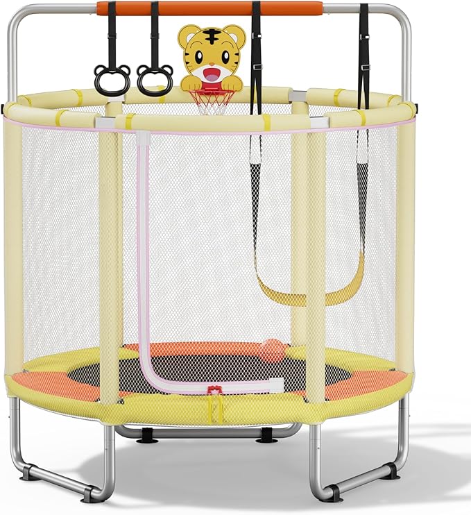 55” Trampoline for Kids, Powder-Coated Mini Trampoline for Toddlers, Indoor Outdoor Toys with Adjustable Gymnastics Bar, Swing, Basketball Hoop, Birthday Gifts for Boys & Girls Ages 1-8-CubbioJoy