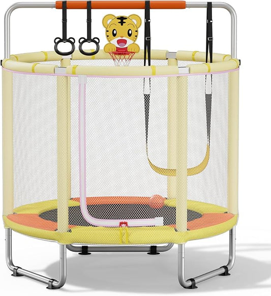 55” Trampoline for Kids, Powder-Coated Mini Trampoline for Toddlers, Indoor Outdoor Toys with Adjustable Gymnastics Bar, Swing, Basketball Hoop, Birthday Gifts for Boys & Girls Ages 1-8-CubbioJoy