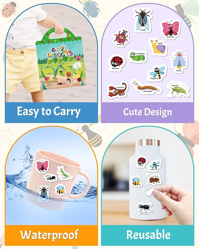 Benresive Reusable Sticker Book for Toddlers 2-4 Years, Fun Travel Stickers for Kids, Waterproof Sticker Books for Toddlers 1-3, Crafts Activities for Todddlers 1-3 2-4 3-5 - Insect-CubbioJoy