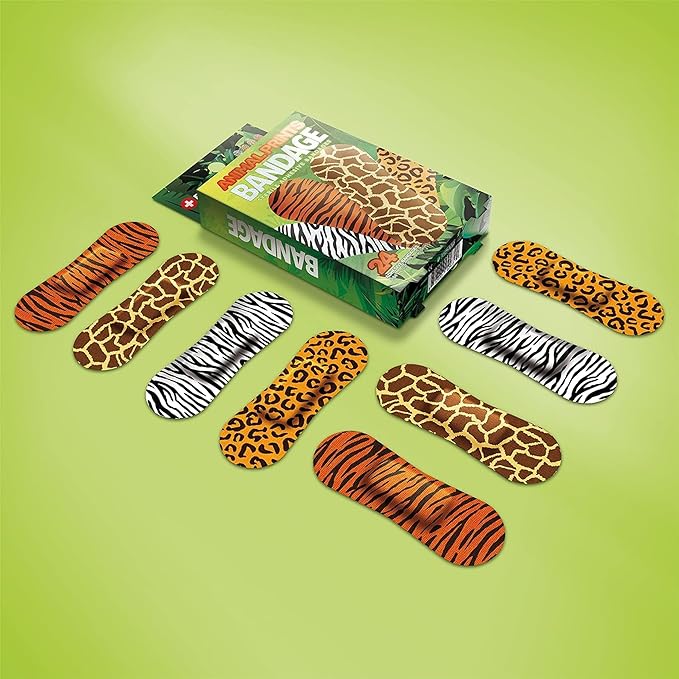 BioSwiss Bandages, Animal Prints Self Adhesive Bandage, Leopard, Zebra, Giraffe, and Tiger Print Designs, Latex Free Sterile Wound Care, Standard Shape for Kids and Adults, 24 Count-CubbioJoy