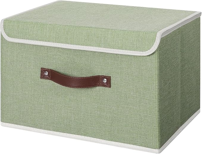 ANMINY Storage Bin with Lid Storage Boxes with PU Leather Handles PP Plastic Board Decorative Foldable Lidded Cotton Linen Fabric Home Cubes Baskets Closet Organizer Container - Green, Large Size-CubbioJoy