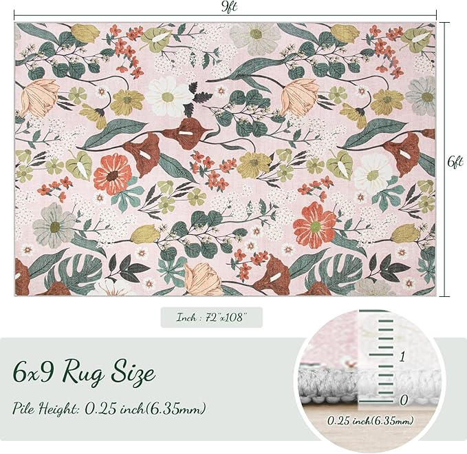 Area Rug Living Room Rugs: 6x9 Washable Rug Vintage Floral Soft Boho Non Slip Carpet Indoor Floor Non Shedding Low Pile Thin Carpets for Bedroom Dining Room Farmhouse Nursery Home Office Light Pink-CubbioJoy