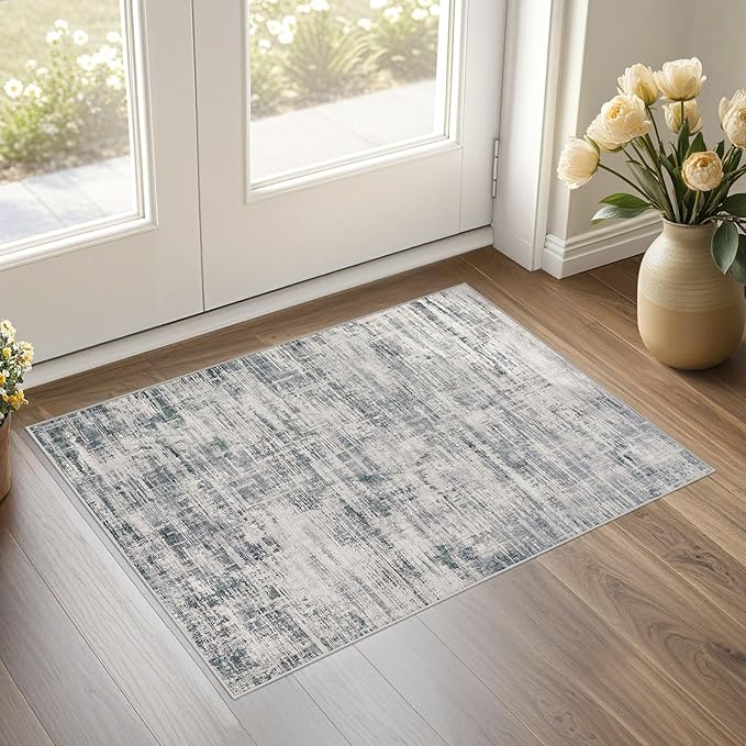 2x3 Entryway Area Rugs: Washable Neutral Abstract Small Rug Door Mat Non-Slip Soft Low Pile Indoor Carpe for Entrance Kitchen Front Door Bathroom Entry Kids Room - Gray-CubbioJoy