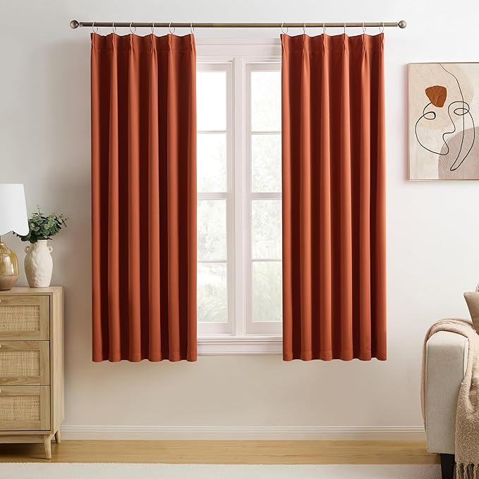 KEQIAOSUOCAI Burnt Orange Blackout Pleated Curtains Short 2 Panels Set 45 Inch Length for Small Windows, Pinch Pleat with Hooks, Boho Muted Ochre Orange Curtain for Bedroom W40 x L45-CubbioJoy