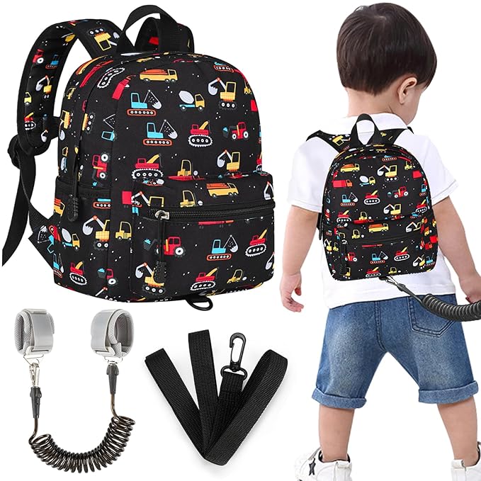 Accmor Toddler Backpack Harness with Leash, Cute Baby Backpacks with Anti Lost Wrist Link, Mini Kids Backpack Tether Walking Harness for Travel Outdoor, Black Excavator Backpack Tether for Boys Girls-CubbioJoy