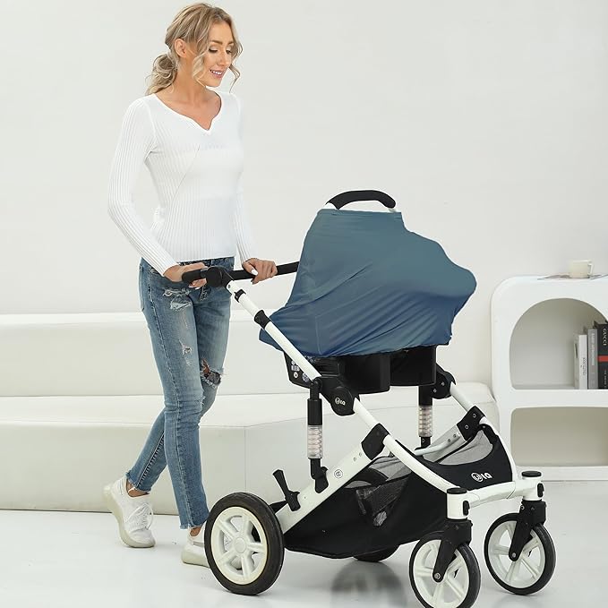 Breathable Car Seat Cover for Babies – Multi-Purpose Soft Rayon Nursing Cover for Breastfeeding, High Stretchy Infant Carseat Canopy, Stroller Cover (Smooth Rayon, Blue)-CubbioJoy