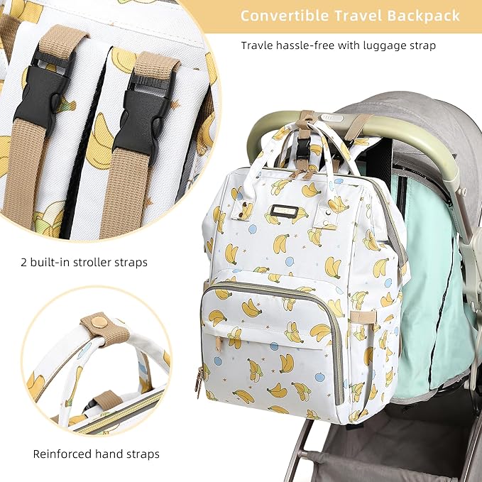 Diaper Bag Backpack, Diaper Bags for Baby Girls Boys, Baby Bags for Moms Dads, Nappy Changing Bag with Insulated Pockets,Multi-functional Waterproof Backpack with Stroller straps -Beige Banana-CubbioJoy