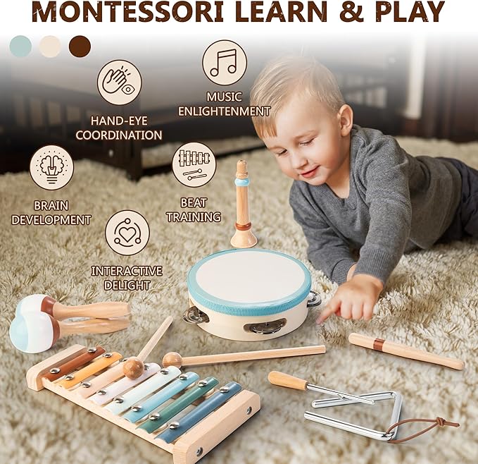 Baby Musical Instruments | Montessori Wooden Toys for Toddlers, Neutral Color Percussion Instruments Set with Modern Boho Xylophone Tambourine, Educational Musical Toys for Boys Girls 3+-CubbioJoy