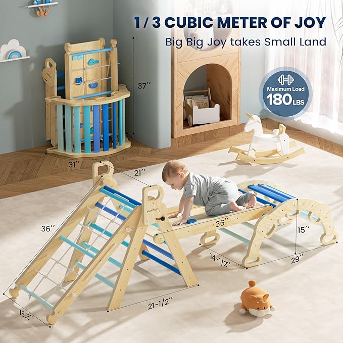 BlueWood 2025 8-in-1 Pikler Triangle Climbing Set Toddler Toys Indoor Baby Jungle Gym Climber Playground for Kids - Sky Blue-CubbioJoy