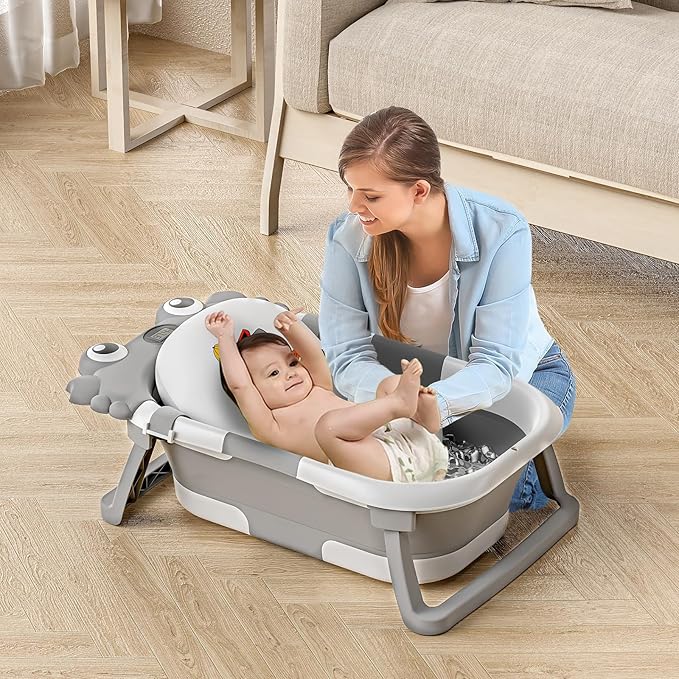 Collapsible Baby Bathtub for Newborns to Toddler with Real-time Temp Monitor & Floating Cushion,Portable Travel Tub for 0-36 Month, Foldable Baby Bath Tub for Infants Boy (Grey)-CubbioJoy